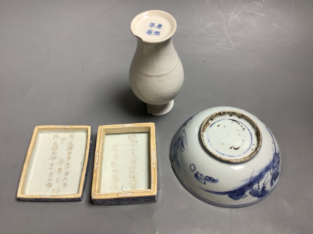 A 17th century Chinese blue and white bowl, a lidded box and a small damaged vase